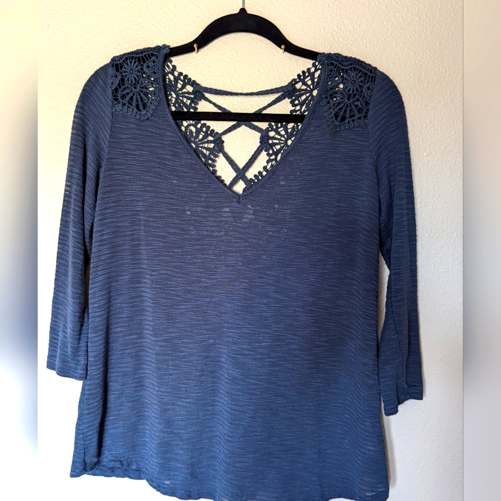 Jessica Simpson Blue Top With Crochet Elements Size S